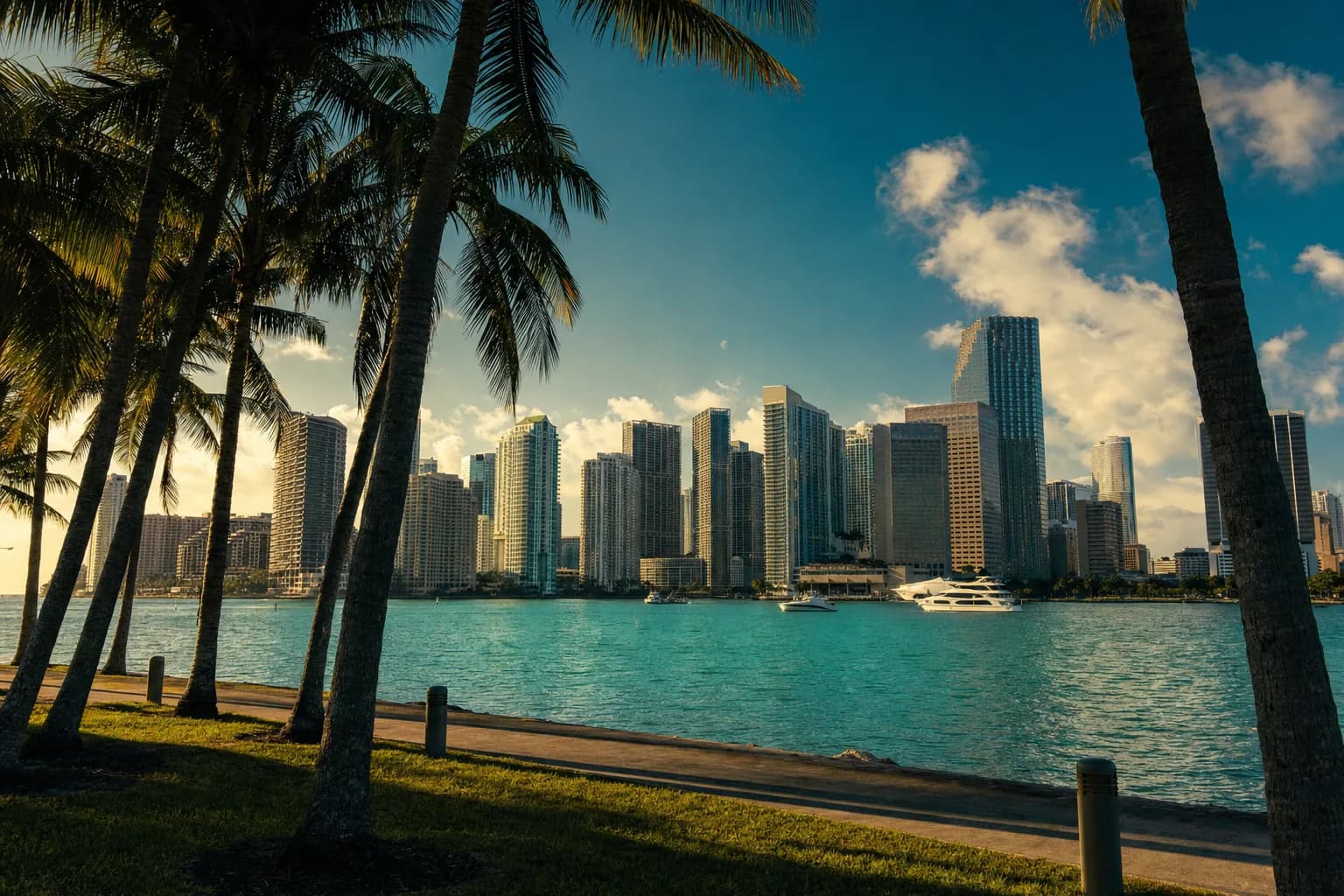 Miami's Brickell skyline across the turquoise water of Biscayne Bay, framed by palm trees on a sunny afternoon.